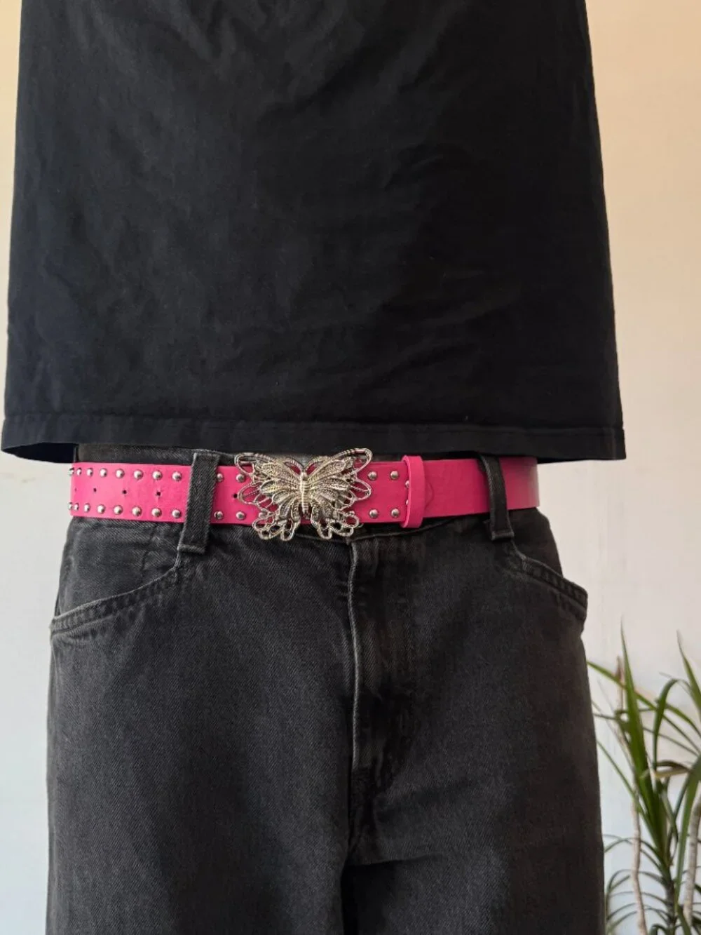 Hot Pink Rhinestone Butterfly Buckle Belt